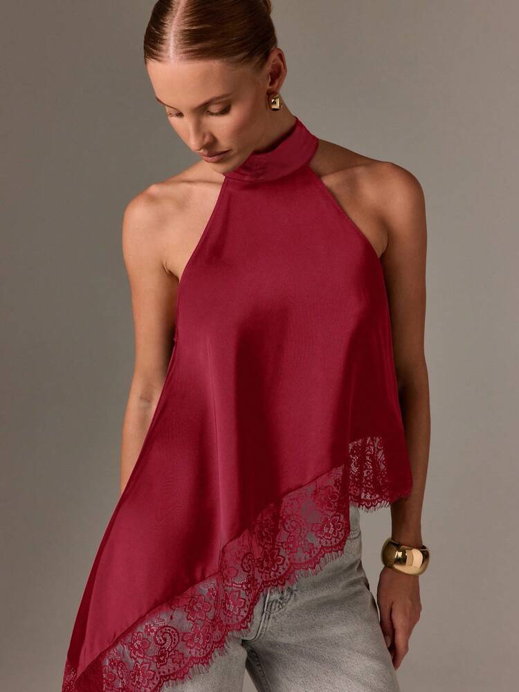 Mock Neck Satin Top With Lace Trim