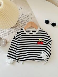 SHEIN Babygirl Cute Versatile Knitted Striped Heart Pattern Long Sleeve Sweatshirt, Autumn/Winter - Black and White - View 4