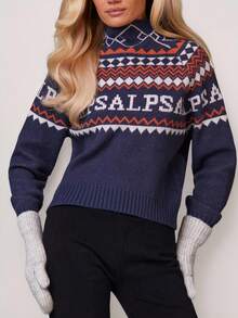 Athîral Women's Casual Geometric Letter Pattern Turtleneck Raglan Sleeve Loose Knit Sweater, Fair Isle Pattern, Festive Sweater, Pullover Sweater, Dark Blue, Suitable For Autumn And Winter And Christmas. - Multicolor - View 5