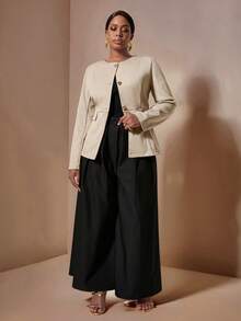 EMERY ROSE Chaqueta blazer de manga larga con ajuste ceñido, decoración de hebilla de metal dorado vintage, elegante y versátil para uso diario en tallas grandes para mujeres - Caqui - Ver 4