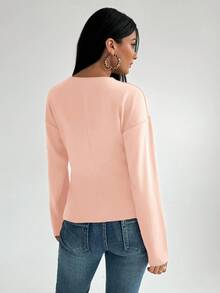 Aloruh Women's Fashionable French Retro V-Neck Raglan Sleeve Long Sleeve Pink Knit Shirt - Pink - View 2