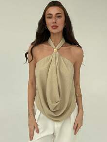 Aloruh 女士性感纯色露背吊带上衣，夏秋季，适合所有年龄段，尺码齐全，适合秋季穿着，露肩米色吊带上衣，配金属装饰扣，适合新年夜穿着。 - 灰色 - 查看 4