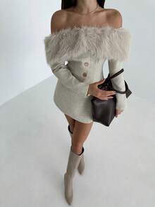 Aloruh 女士性感甜美露肩保暖毛绒拼接腰部上衣和半裙两件套，适合通勤、日常穿着、外出和约会，秋冬季必备。 - 杏色 - 查看 5
