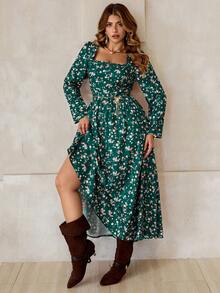 Roveilla Plus Size Elegant Ditsy Floral Long Dress,Women's Dark Green Long Sleeve Bohemian Maxi Dresses,Autumn Cottagecore Floral Print Tea Party Dress - Multicolor - View 5