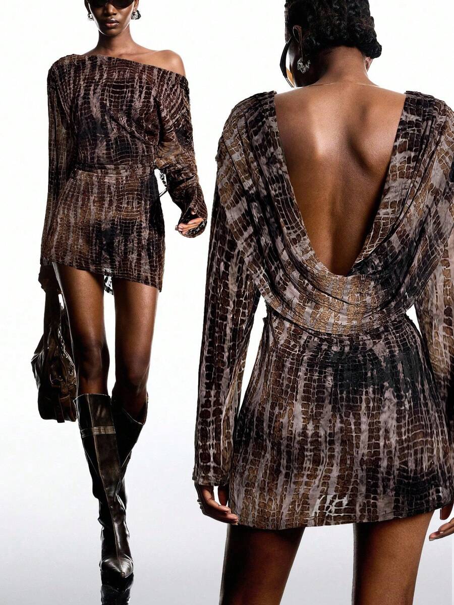 LYSMO Váy ngắn màu nâu cà phê hở lưng xếp ly gợi cảm, thời trang thu đông 2025 dành cho nữ, phù hợp cho ngày tựu trường, phong cách Y2K, tiệc đường phố, Halloween, váy dự tiệc dành cho nữ - Cà phê nâu - Xem 1