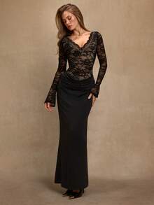 SHEIN BAE Váy len dệt kim chắp vá cổ chữ V tay loe ren hoa màu đen thanh lịch dành cho nữ, trang phục dự tiệc cưới, Halloween, Giáng sinh - màu đen - Xem 5