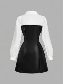 SHEIN MOD 女士黑白PU皮革单排扣休闲时尚衬衫裙 - 黑與白 - 查看 2