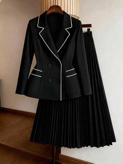 Regalyn Plus Size Color Block Trim Minimalist Daily Wear Long Sleeve Blazer & Skirt Set