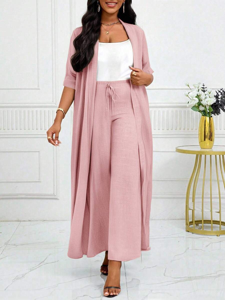SHEIN Lady 女士优雅休闲通勤度假简约纯色长款开衫外套搭配宽松直筒裤两件套四季皆宜 - 藕粉色 - 查看 1