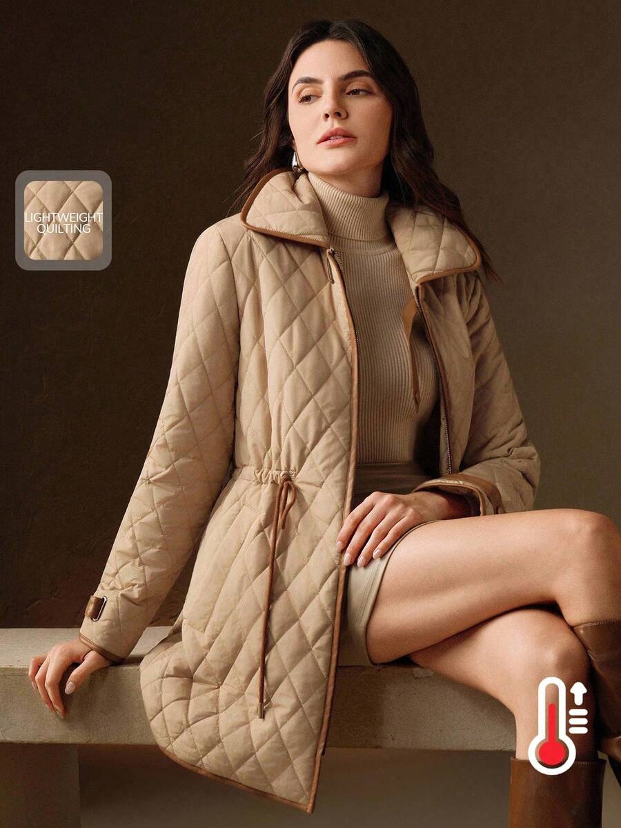 Anewsta 女式休闲简约拼布领轻薄绗缝棉服外套，短款，杏色，冬季 - 杏色 - 查看 1