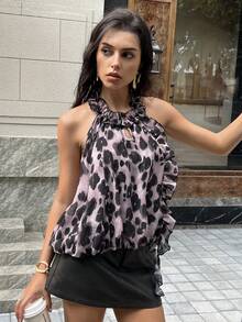 Zielony Grey Summer Elegant Leopard Print Halter Neck Backless Chiffon Loose Fit Sleeveless Top,Brunch Ruffle Animal Print Cheetah Print Ruffle Top - Multicolor - View 4