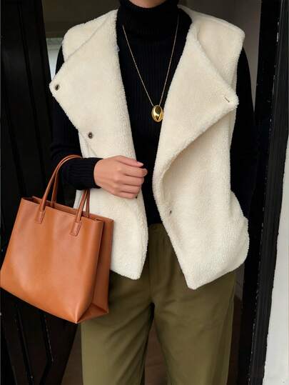 Dripcurv Chaqueta sin mangas casual y versátil de sherpa beige para mujer de talla grande, uso diario minimalista, estilo retro vintage, adecuada para otoño/invierno y Año Nuevo