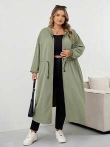 SHEIN CURVE+ 女式纯色抽绳连帽防水长袖风衣加大码连帽夹克加大码雨衣 Curve 秋季夹克 8xl 女装加大码橄榄绿夹克女装秋装、冬季、CURVE PLUS 秋冬 - 薄荷綠 - 查看 4