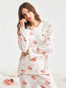 Bonmuse 两件套冬季珊瑚绒睡衣套装，保暖睡裤，清新水果印花家居服套装，两件套，秋冬服装