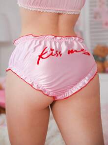 PetitDoll 1pc Women's Satin Panty With Embroidered Cute Letter Design - Pink - View 3