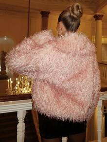 SHEIN Glamour 时尚派对粉色人造毛皮饰边夹克