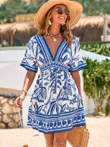 Swim Vcay Women's V-Neck Waist Cinched Short Sleeve Printed Dress, Beach Cover-Up, Spring/Summer - Blue - View 7