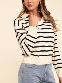 秋冬条纹落肩毛衣、长袖上衣 - 杏色 - 查看 6