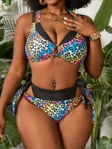 Slaydiva Plus Size Women 2pcs/Set Colorful Leopard Print Bikini Swimwear - Multicolor - View 3