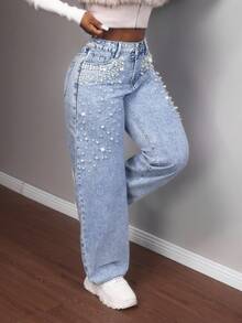 Slaydiva Women's Party Fashionable Commuter Rhinestone & Faux Pearl Decor Straight-Leg Jeans - Blue - View 5