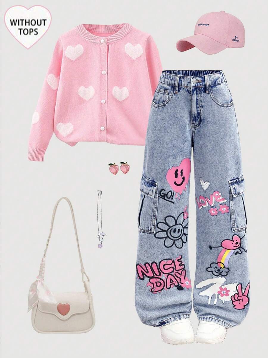 Girlism Tween Girl Y2k Fashion Lovely Cute Rainbow, Heart, Smiling Face Graffiti Pattern Blue Denim Loose Jeans Fall Winter,Casual And Versatile For Fall/Winter Dailywear And Streetwear,Halloween And Christmas,New Year,Thanksgiving,Baggy Street Jeans - Medium Wash - View 1