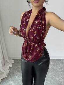 Rafferiza 女士优雅性感亮片刺绣深V领金属扣露背吊带上衣，夏季酒红色上衣，深红色上衣，富家女款 - 酒紅色 - 查看 5