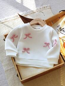 Vintaside Kids Baby Girls' Sweet White Round Neck Long Sleeve Pullover Top, Detailed With Pink Drawstring Bow, Minimalist Fitted Style, Suitable For Daily Wear, School, Birthday Party, And Family Activities - Multicolor - View 1