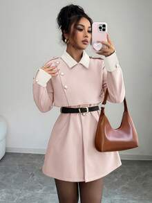 Selianne Elegant Luxury Fashion Thick Women's Contrast Color Lapel Long Sleeve Button Design Overcoat - Pink - View 4