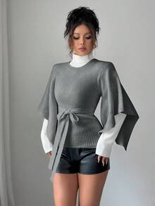 Elenzga Women's Fashionable Versatile Solid Color Poncho Sleeve Sweater, Autumn/Winter - Grey - View 3