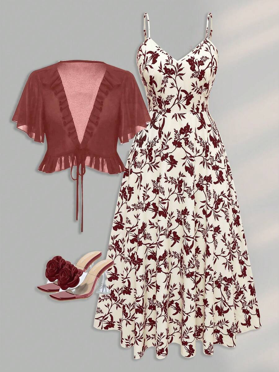 Franclia 大码女式纯色半透明雪纺浪漫荷叶边领带开衫夹克和 V 领细肩带长裙 2 件套，浪漫优雅的女装，适合夏季、户外、室内、休闲、法式休闲、派对 - 咖啡棕 - 查看 1