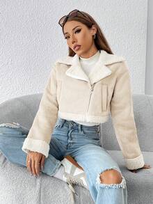 SHEIN PETITE 秋冬装泰迪熊内衬拉链卡其色机车夹克 - 杏色 - 查看 4