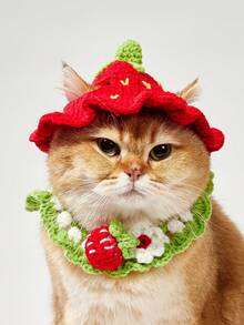 PETSIN 一套红色草莓休闲宠物配饰套装，时尚针织帽，秋冬季手工编织加厚保暖猫狗角色扮演帽，节日颈部装饰配件 - 紅色 - 查看 3