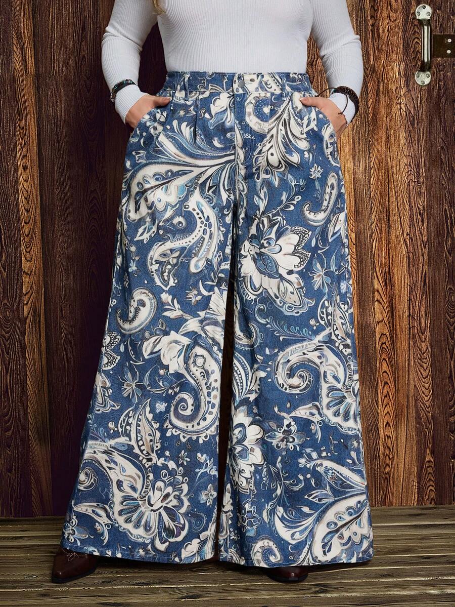 EMERY ROSE Plus Size Pleated Fashion Pockets Straight Loose Paisley Pattern Versatile Jeans - Multicolor - View 1