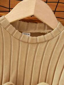SHEIN Young Girl Casual 2pcs Set: Solid Color Crew Neck Long Sleeve Ribbed T-Shirt & Pants, Autumn - Khaki - View 3