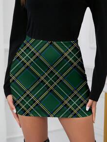 SHEIN Clasi 女款绿色格子圣诞印花拉绒半身裙，秋冬