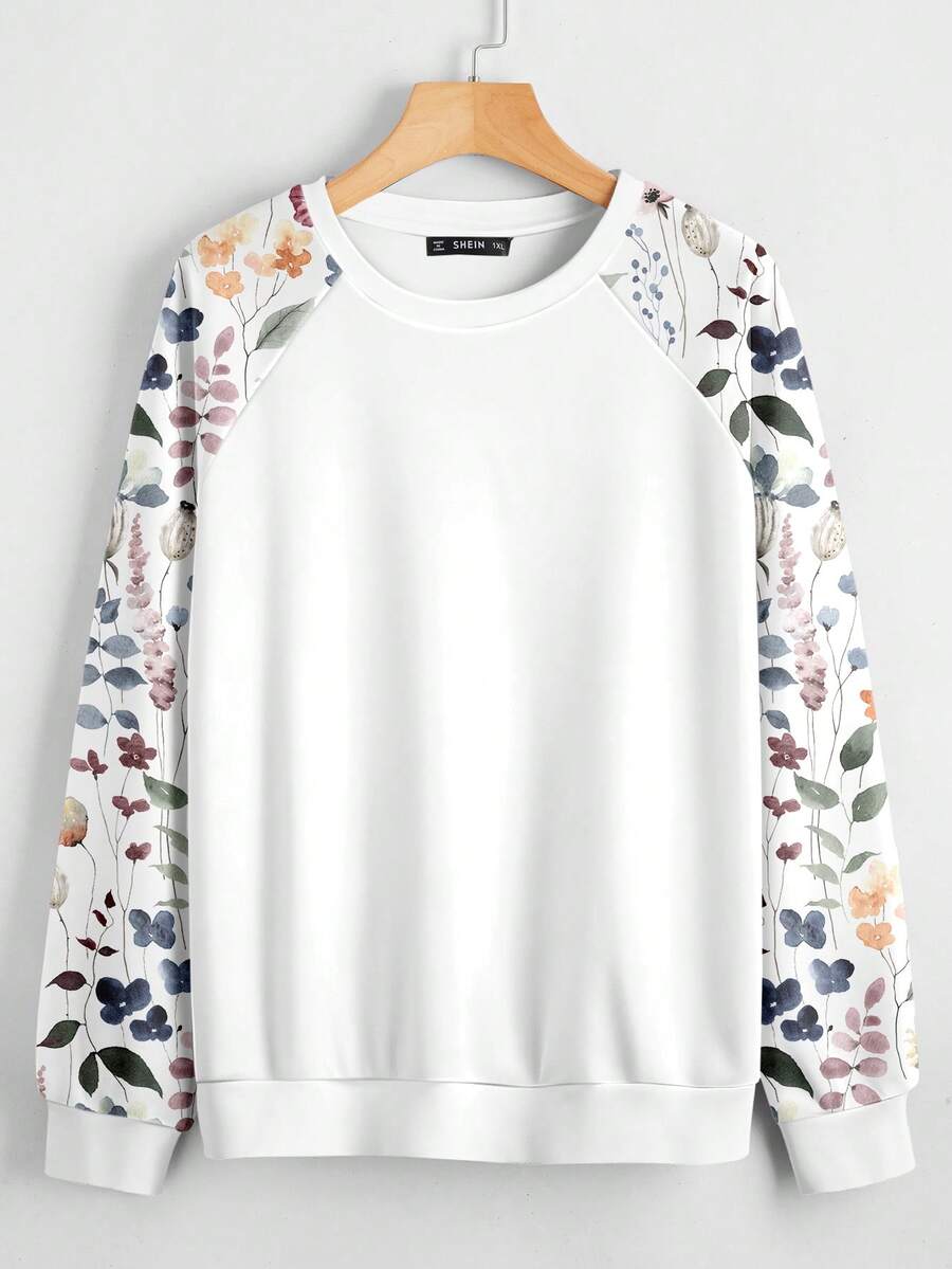 EMERY ROSE Casual Plus Size Women Printed & Solid Color Patchwork Crew Neck Long Sleeve Sweatshirt/Winter - Multicolor - View 1