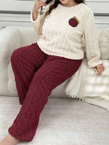 Bộ 2 áo và quần hồng thêu hoa đào lông nhung cỡ lớn thường ngày - Màu Đỏ Sâu - Xem 5