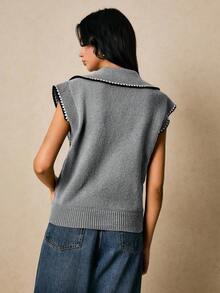 Poéselle Women's Solid Color Minimalist Casual Collared Sleeveless Sweater Vest - Grey - View 6