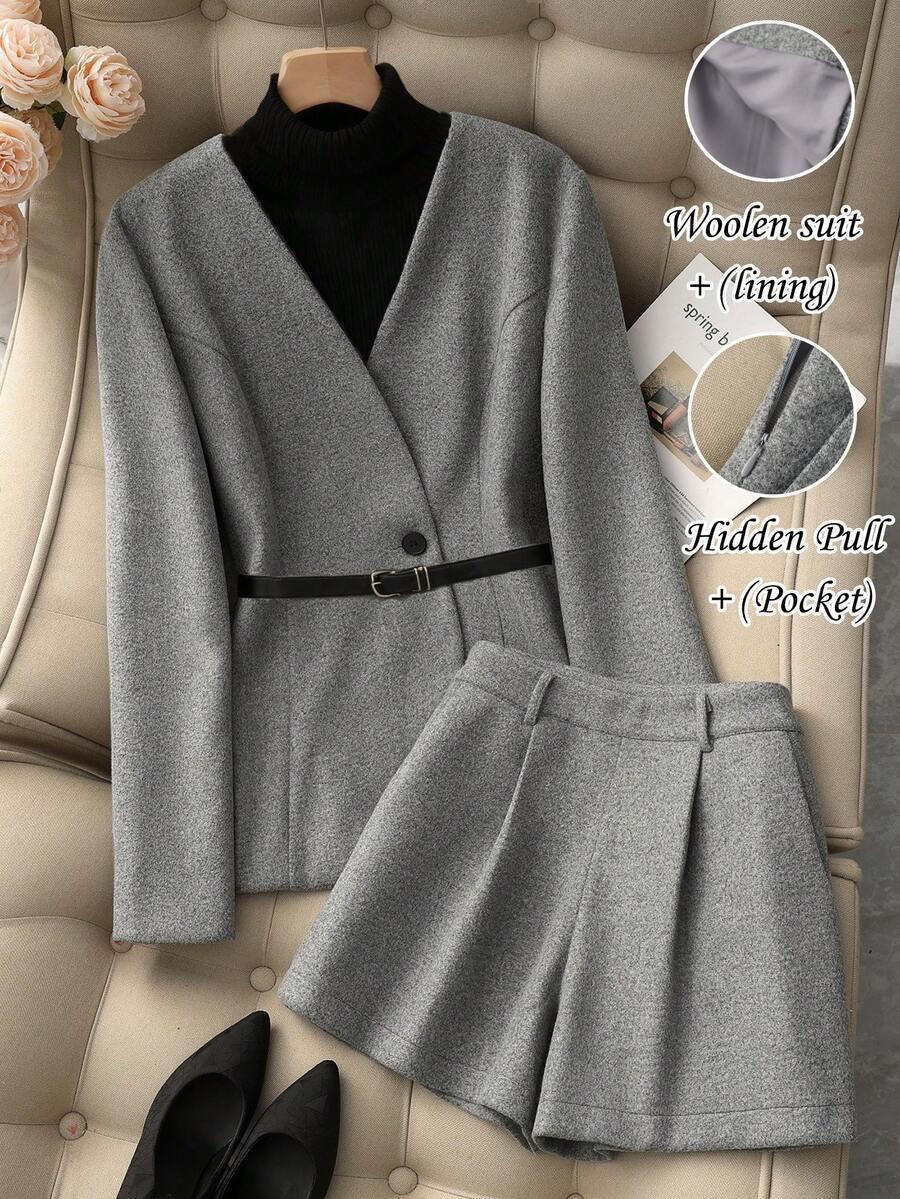 Franclia 女士优雅 V 领修身羊毛混纺大衣，灰色收腰办公室/工作正式长袖夹克，搭配羊毛混纺短裤，百搭秋冬商务/休闲装