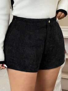 Dazy Plus Fashionable & Elegant Solid Black Thick Shiny Fitted Plus Size Women Shorts, Autumn/Winter - Black - View 1