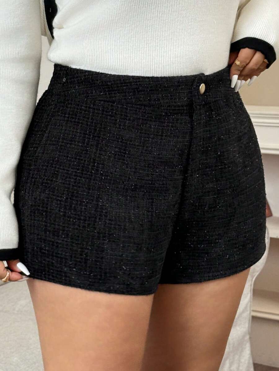 Dazy Plus Fashionable & Elegant Solid Black Thick Shiny Fitted Plus Size Women Shorts, Autumn/Winter - Black - View 1