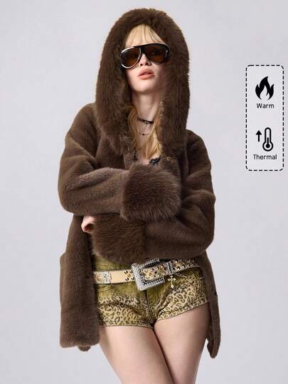 Women's Fashionable Hooded Faux Fur Jacket, Autumn/Winter