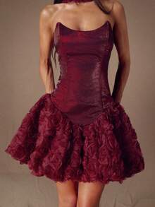 SHEIN BAE Women's Burgundy Strapless Ruched Puff Mini Dress,Autumn 70s Retro Party Banquet Event Elegant Formal Winter Dress,Valentine's Day Outfits For Women - Burgundy - View 7