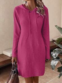 SHEIN LUNE 女式休闲纯色长袖抽绳连帽针织连衣裙，秋冬 - 玫紅色 - 查看 3