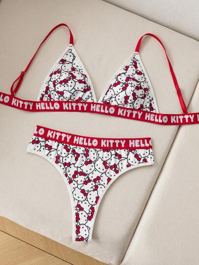 HELLO KITTY AND FRIENDS | SHEIN 女士可爱卡通猫咪印花字母文胸和内裤套装