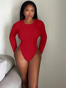 Alexandranx Solid Slim Fit Spring Women Bodysuit ,Petite Women - Red - View 4