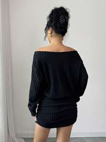 SHEIN PETITE PETITE Women Casual Versatile Off Shoulder Ribbed Long Sleeve Short Bodycon Dress, Suitable For Autumn/Winter, Thanksgiving, New Year - Black - View 2