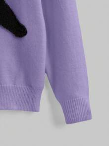 Kawaii 大码女式休闲可爱猫咪刺绣不对称肩部大码毛衣，秋冬 - 紫色 - 查看 3