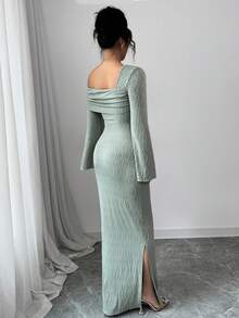 Modelyn 不对称领口褶皱提花纹理长袖修身开衩下摆优雅连衣裙 - 綠色 - 查看 3