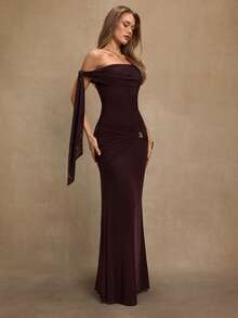 SHEIN BAE 秋冬女士优雅不对称系腰紧身鱼尾下摆连衣裙，带金属扣装饰，适合鸡尾酒会、浪漫约会、分层穿着、派对、万圣节、圣诞节 - 酒紅色 - 查看 6